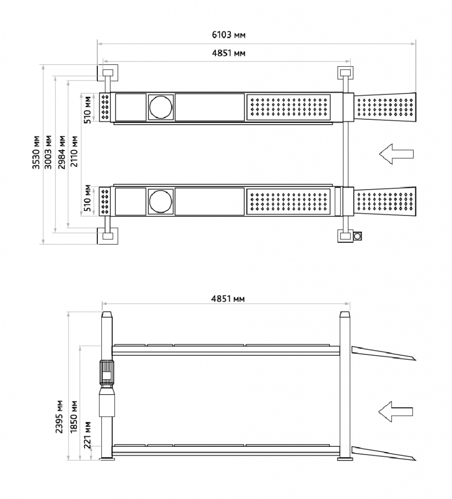 Размеры четырехстоечного подъемника СТАНКОИМПОРТ ПГП4-4.5