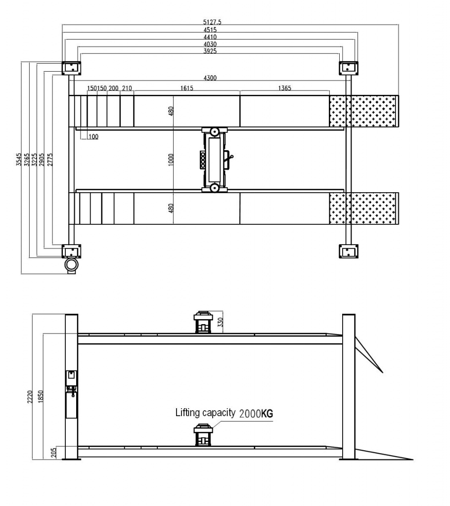 Размеры четырехстоечного подъемника ROSSVIK V4-3.5